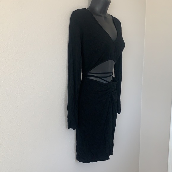 Princess Polly Noa Black Long Sleeve Ribbed Cut Out Criss Cross Tie Mini Dress - Picture 7 of 11